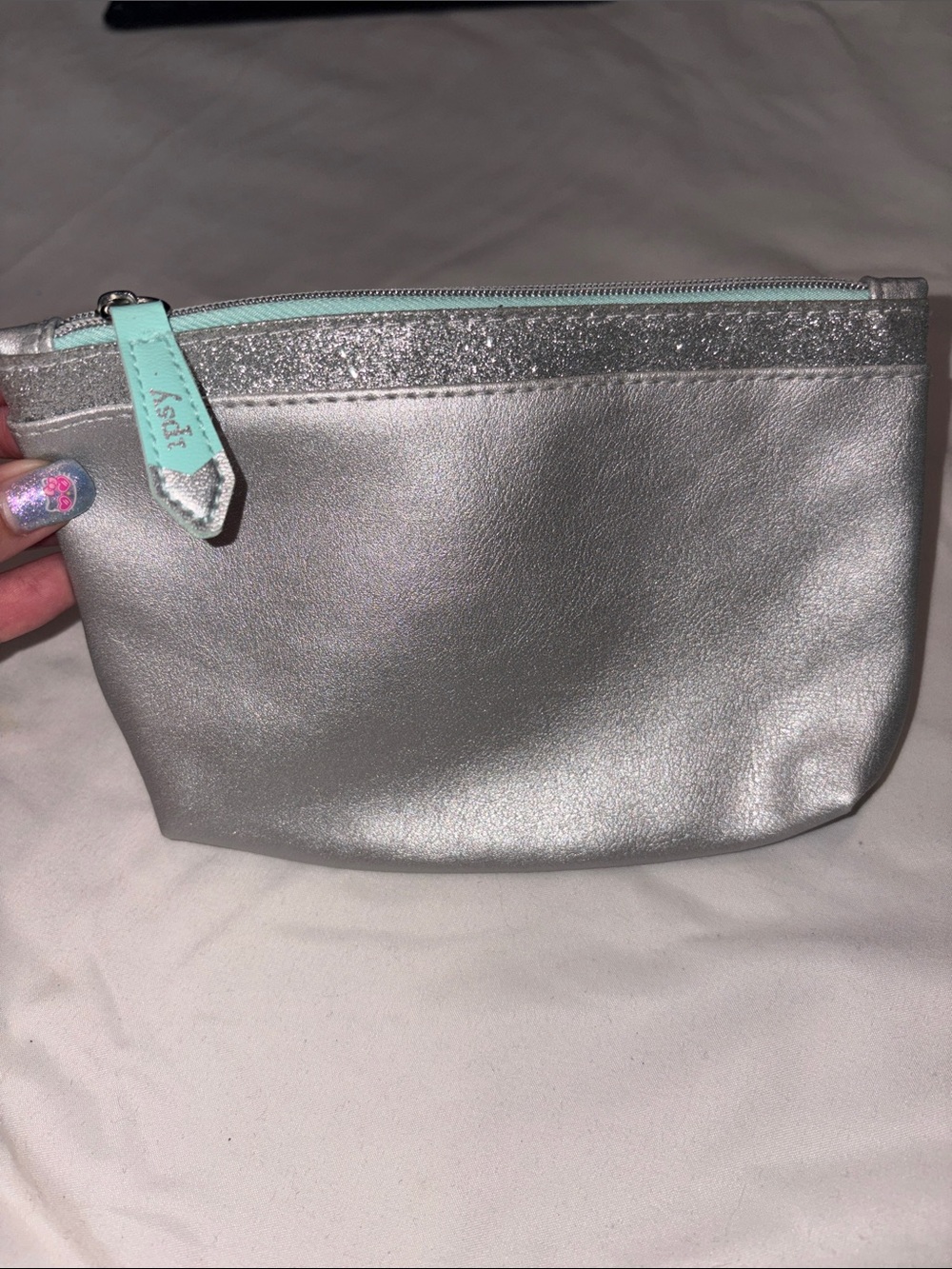 Sisley Silver Cosmetic Pouch with Mint Zipper